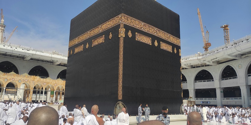 Ritual of walking around the Kaaba during Hajj or Umrah at the biggest mosque in the world.