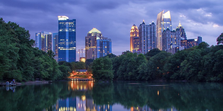 Scenic view of the Atlanta skyline from Piedmont Park, ideal for a romantic Valentine's Day in Atlanta.