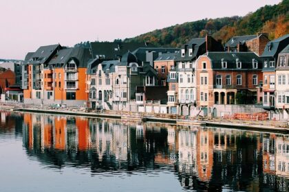 A view of the colourful houses near the lake - one of the places to visit in Belgium.