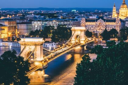 This picture represents a scenic view of Hungary at night, a country in Central Europe.