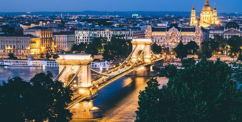 This picture represents a scenic view of Hungary at night, a country in Central Europe.