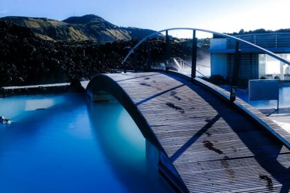 An image of a blue and black swimming pool near a brown wooden dock during daytime.