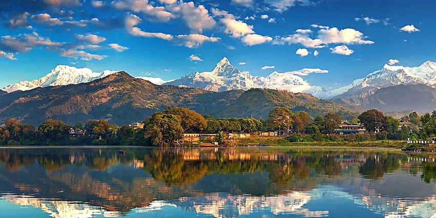 Annapurna Mountain’s reflection in the crystal clear water of Phew Lake in Pokhara, Nepal