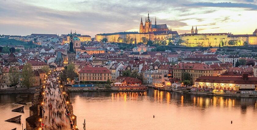 A picture of the stunning night skyline showcasing the Prague nightlife across the city.