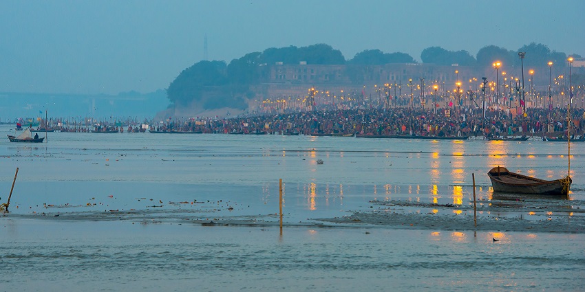 Crowds gathered during the Kumbh Mela in Prayagraj, previously Allahabad, as mentioned in the UP travel guide.