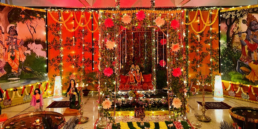 Idols of Radha Krishna on a beautifully decorated swing on Jhulan Yatra in Agra.