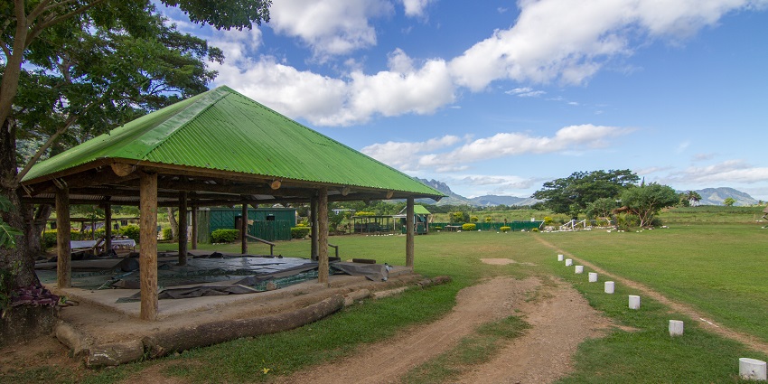 A resting area near a grassy ground in the Sabeto Hot Springs, one of the best things to do in Fiji.