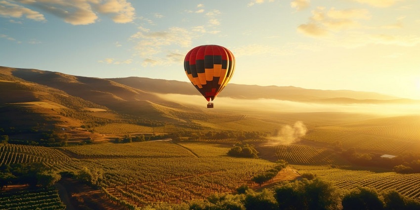 An image of a colourful hot air balloon floating in the sky during an adventure over scenic landscapes