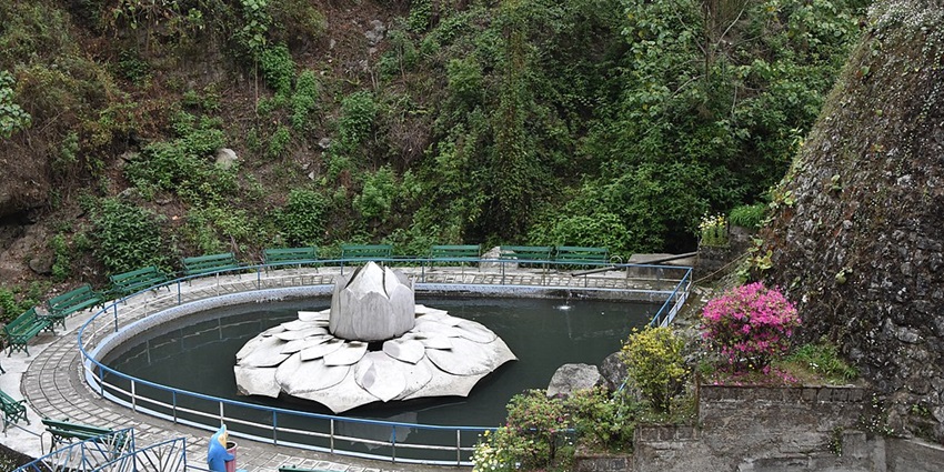 A lotus replica made of rock sits in a small pool, a place to visit on the Darjeeling travel guide.
