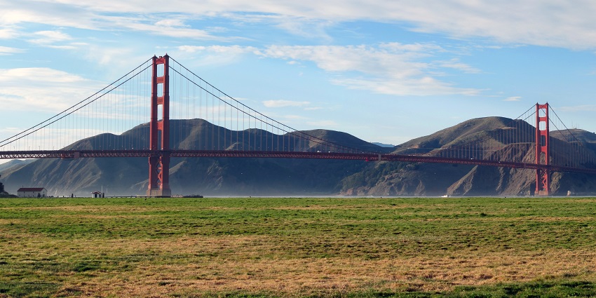 The image shows Crissy Field with Golden Gate and the Marin Headlands in the background.