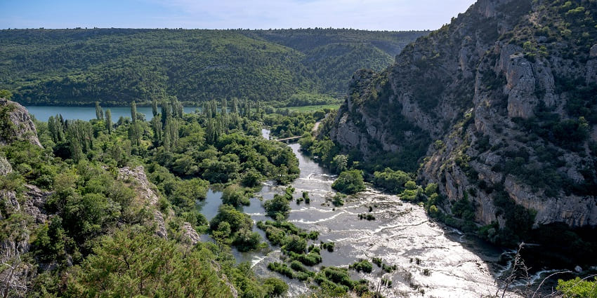 A view of Roški Slap waterfall in the Croatian park, showcasing its unique cascades.