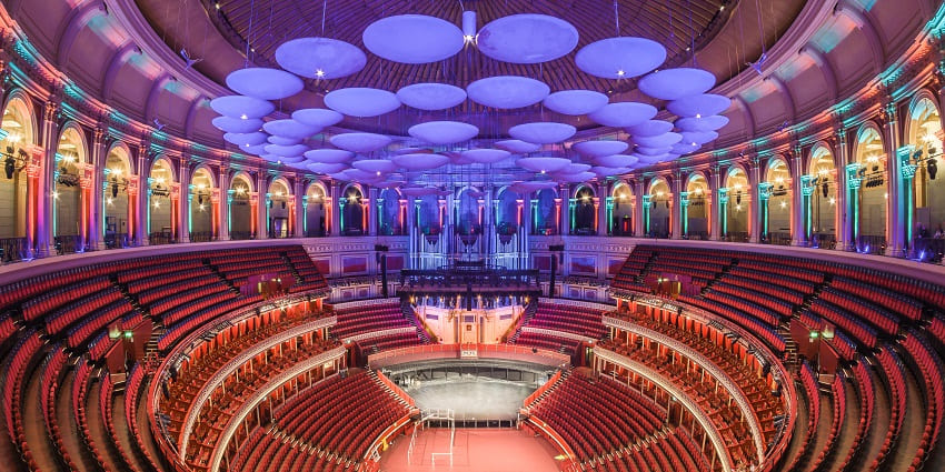 An image showing the central view from the gallery of the Royal Albert Hall, London.