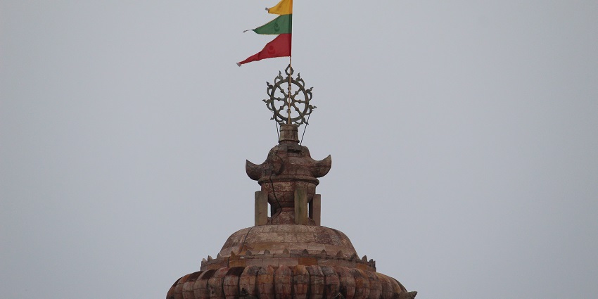 A tricolour flag waves on the Shikhar of the Sakshigopal Temple near Puri in Odisha.