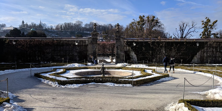Romantic fountains at Mirabell Palace Gardens, one of the best places to celebrate Valentine’s Day in Austria.