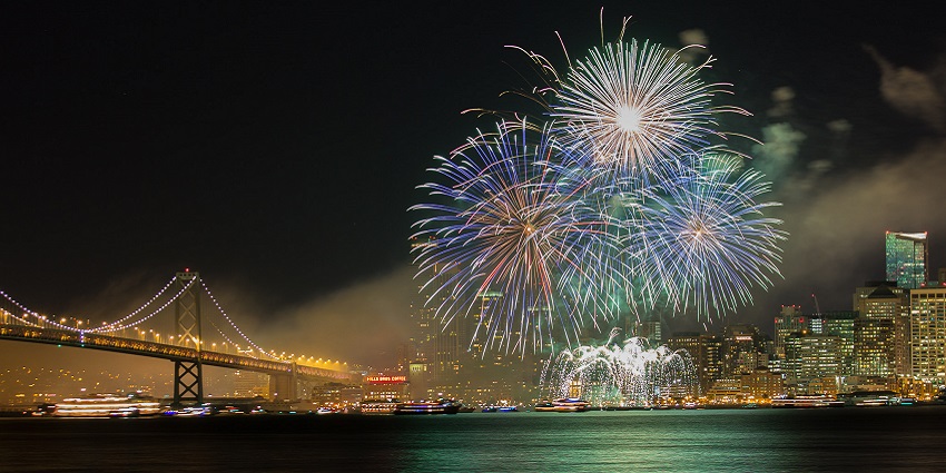 The image shows a New Year's Eve party celebration over the San Francisco skyline
