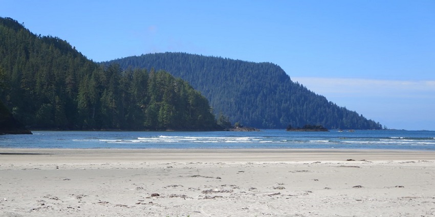 Heavenly view of Long White Beach at San Josef Bay with waters surrounded by green hills.