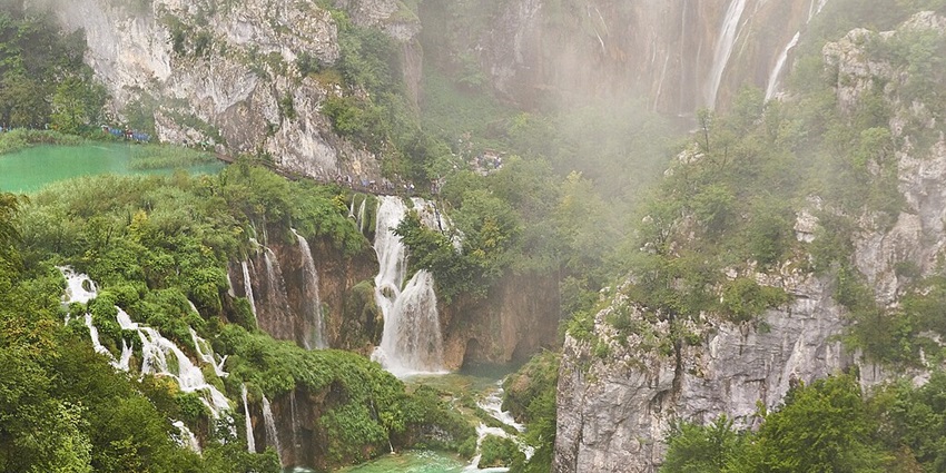 A view of Sastavci Waterfall, wherein the waters fall into the crystal-clear Kozjak Lake.