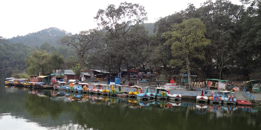 A scenic view of Sattal Lake in Nainital, surrounded by lush green hills and dense forests.