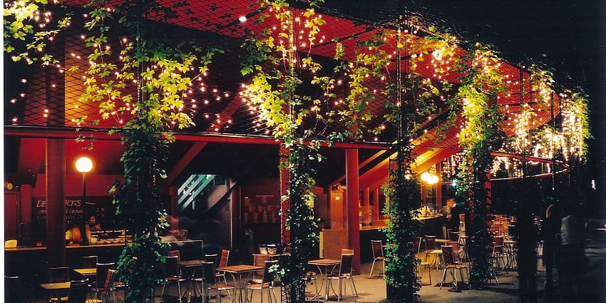 Open-air restaurant bar with set chairs and tables and poles covered in leaves and lights, showing Warsaw nightlife.