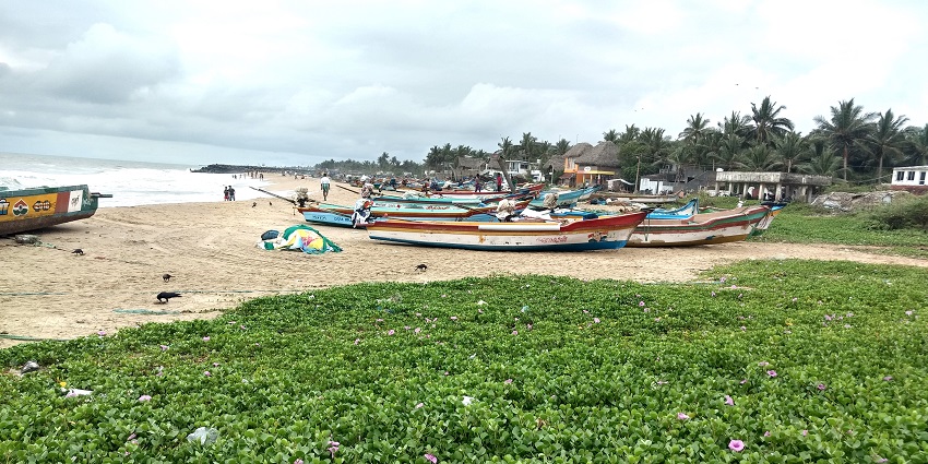 Many fishing boats ashore at Serenity Beach in Kottakuppam, Pondicherry