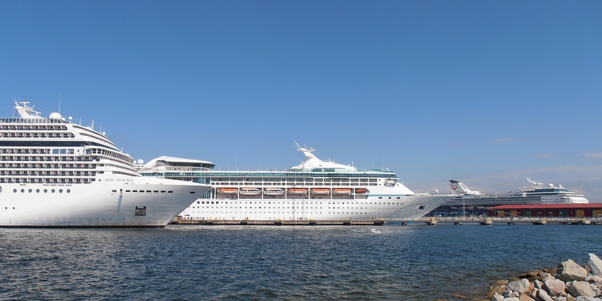 A fleet of huge cruise ships docked at a sea harbour.
