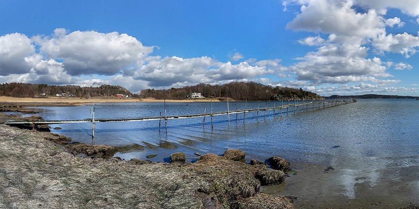 A wooden bridge over clear blue water is stretched to a faraway land from a rocky shore.