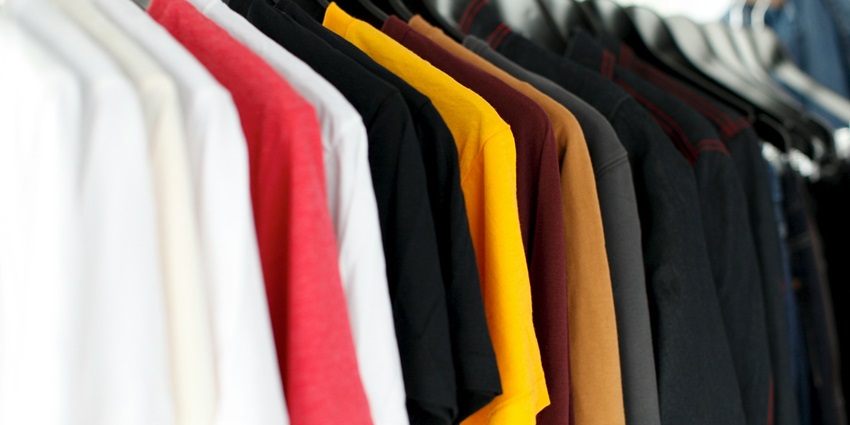 Closeup of hanging shirts in the Shanghai Cloth Market.