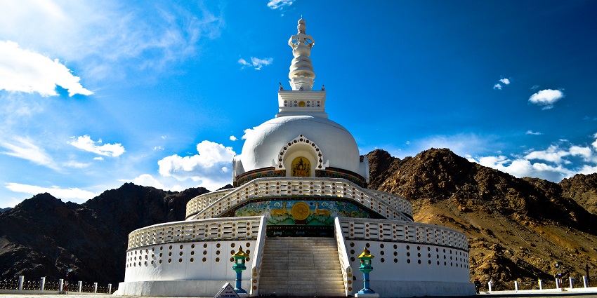 White-domed stupa offering panoramic views of Leh and mountains