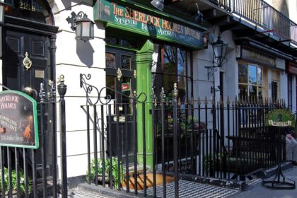 An image showing the entrance of The Sherlock Holmes Museum, a popular tourist spot.