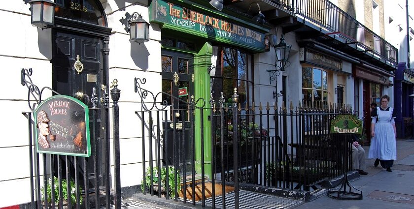 An image showing the entrance of The Sherlock Holmes Museum, a popular tourist spot.