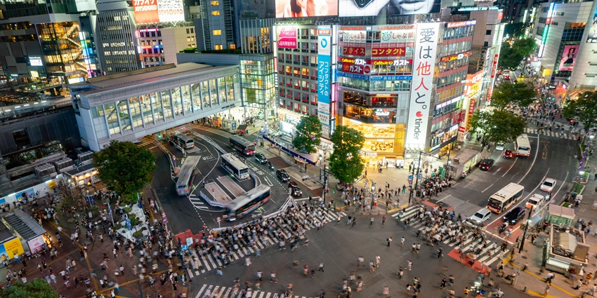 Iconic Shibuya Crossing, one of the busiest pedestrian intersections worldwide.