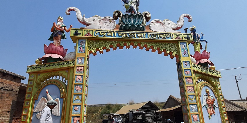 A decorative entrance with idols of gods to the famous Shri Devi Temple in Panipat.