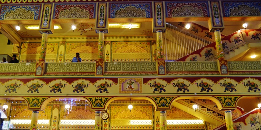 A view of the famous Shrinathji Temple, beautifully lit with lights and exquisite designs.