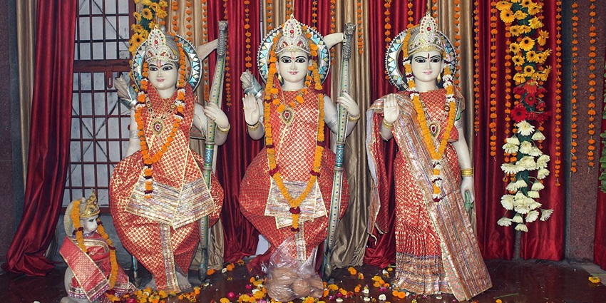 A picture of decorated idols of Lord Ram, and Goddess Sita at a historical temple in Sitamarhi