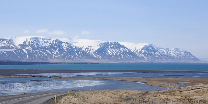 An image of Skagafjörður Beach in Iceland, showing its calm shores and lovely views.