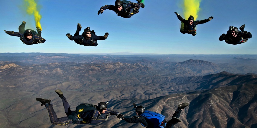 An image showing a group of people skydiving in London, experiencing an exciting adventure
