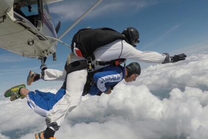 A view of skydiving in Prague with stunning views of the city and landscape below.