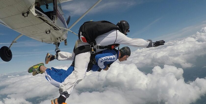 A view of skydiving in Prague with stunning views of the city and landscape below.