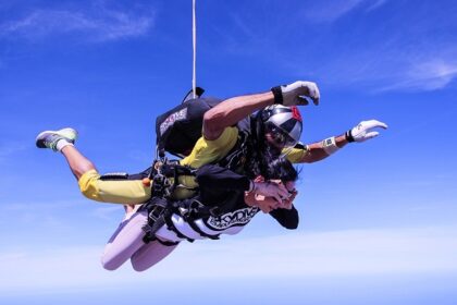 An image showing a breathtaking view of tandem skydiving, reminiscent of London Skydiving