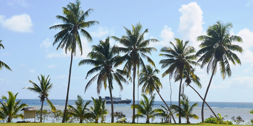 A connecting ship sails through waters near a beach lined up with palm trees in Fiji.