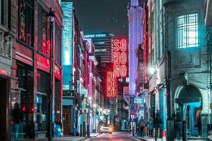 Vibrant streets of Soho illuminated by night, capturing Soho London Nightlife.