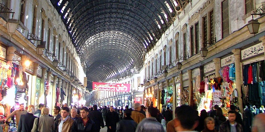 The picture of the busiest market outside the Umayyad Mosque located in Damascus, Syria