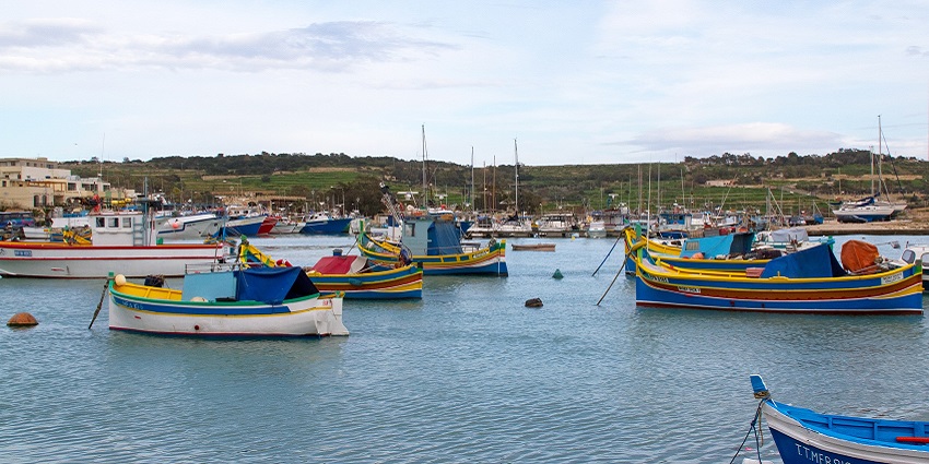 Numerous fishing boats docked at Marsaxlokk in Malta, one of the best things to do.