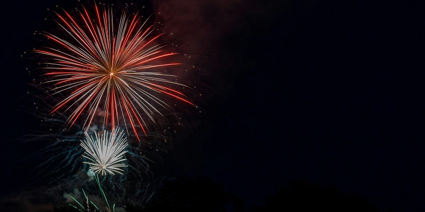 Colourful fireworks explode in the night, with a celebration scene at the TD Hogmanay Scottish party.