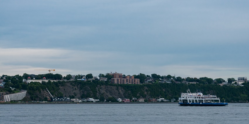 Saint Lawrence River with a cruise ship on the river and the city visible from old Quebec