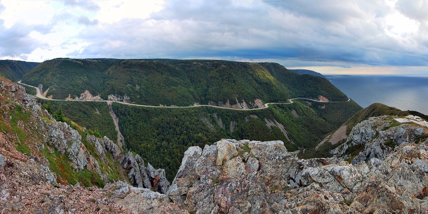 A mesmerising aerial view of the Cabot Trail up the hill in Nova Scotia, Canada.