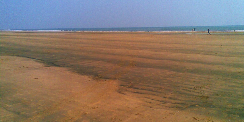 A picture of a large expanse of Talasari beach near Kolkata lies along the coastline.