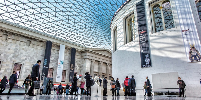 An image of the entrance of The British Museum, a famous tourist destination in London.
