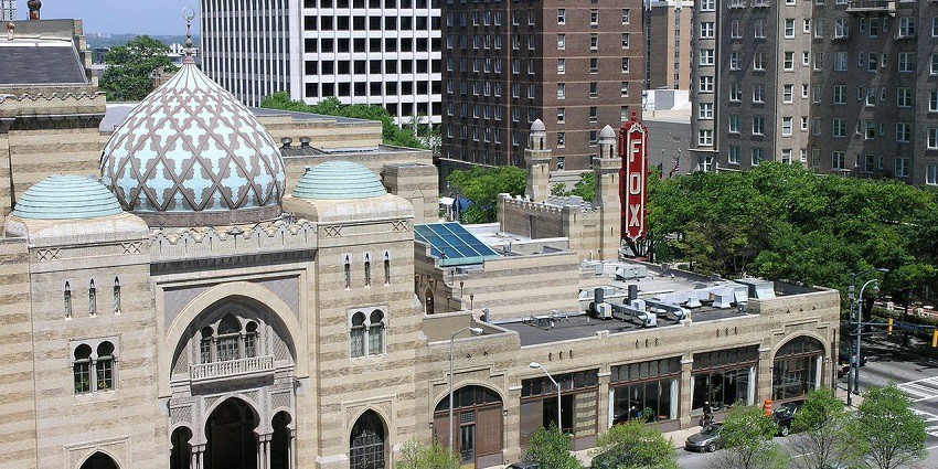 Side and elevated view of the Fabulous Fox Theatre in Atlanta, showcasing its historic architecture.