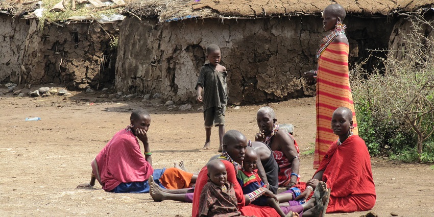 Masai village with people and children from the community near Amboseli National Park.